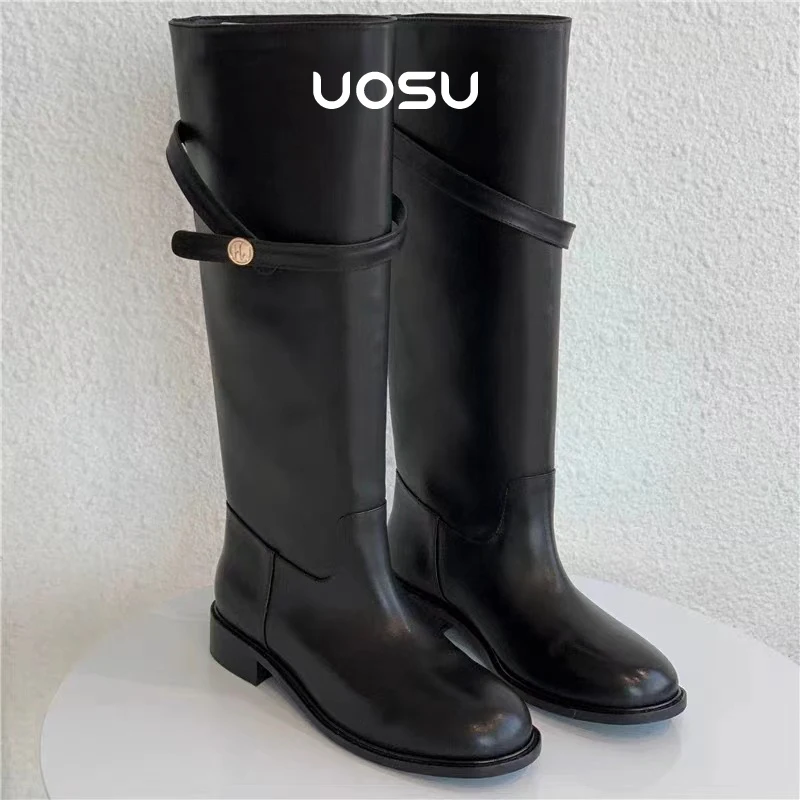 

Black Long Boots for Women Trend 2023 Mental Belt Buckle Round Toe Retro Riding Boot Botas Altas Plataforma Mujer Gothic Shoes