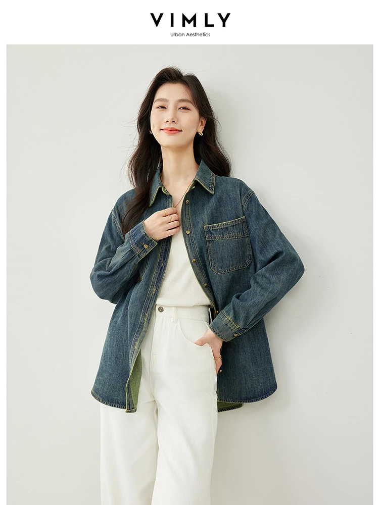 Vimly Cotton Washed Denim Jacket Polo Collar Single Breasted Drop Sleeve Shirt Jean Coat Women 2024 Spring Woman Clothing M5363