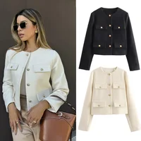 TRAF 2024 Cropped Tweed Jacket Woman Coat Button Long Sleeve Elegant Jackets For Women Short Coats Fashion New In Outerwears 1