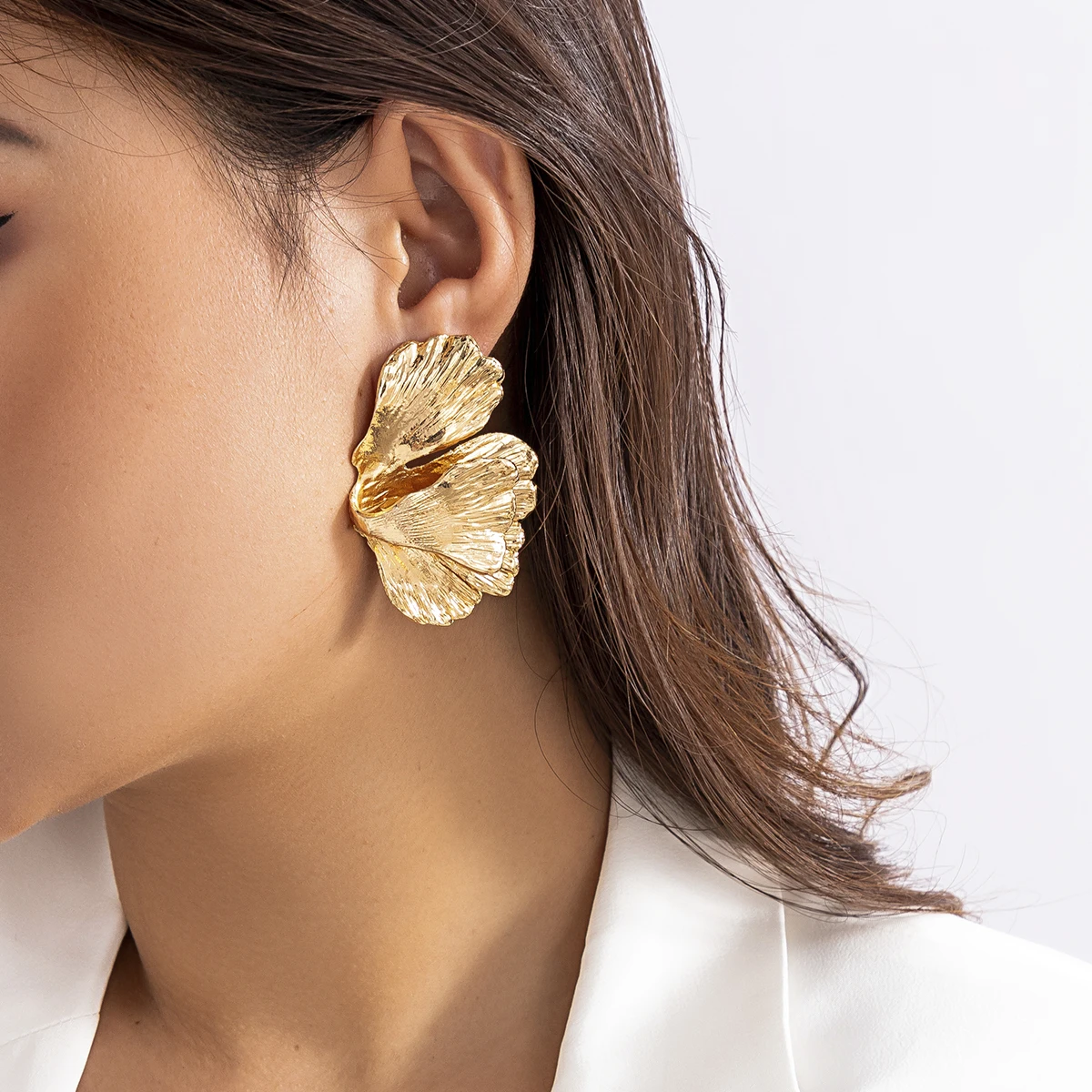 Gold Ginkgo Leaf Earrings For Women - Crystal Blue Gradient, Hoop Style, Feng Shui Lucky Jewelry - View #9