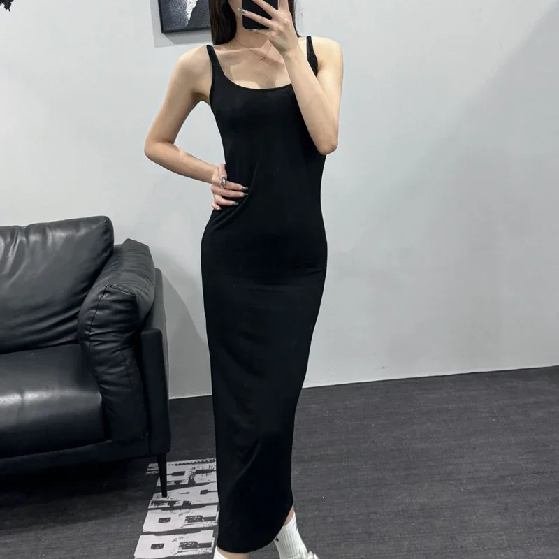

Women's Dresses Knitting Cotton Sexy Camisole Black Solid Mid-calf Skirts Slim Streetwear Owens Women's Clothing
