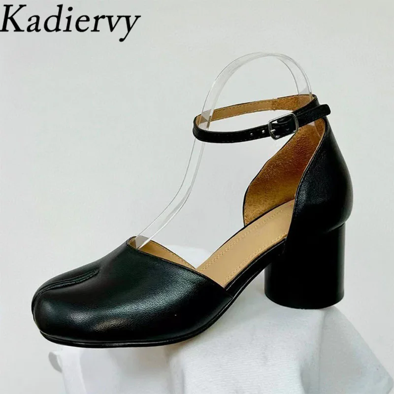 

Luxury Split Toe Shoes Woman Round Heels Runway Shoes Female Genuine Leather Ankle Strap Summer High Heels Women Pumps