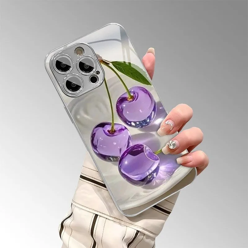 Elegant Purple Crystal Cherry Pattern Luxury Glass Phone Case