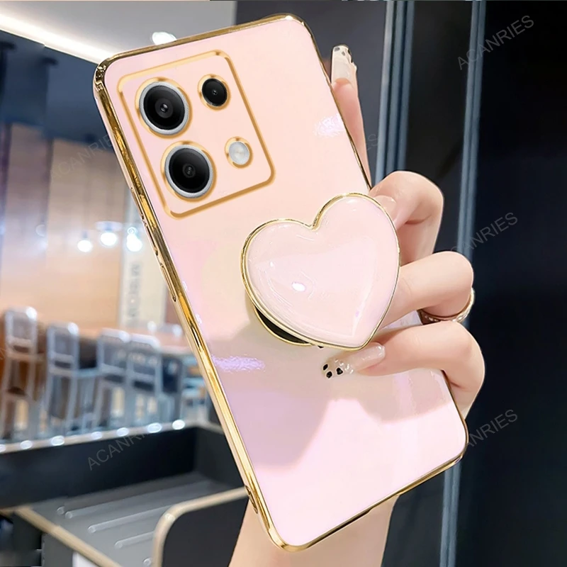 Luxury Love Heart Phone Holder Plating Case with Stand and Silicone Back Cover