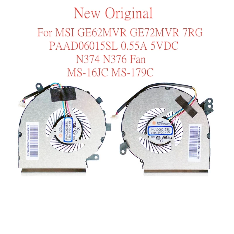 Original Laptop Cpu Ventilador de Refrigeração Ventilador Gpu para Msi Ge62mvr Ge72mvr 7rg Paad06015sl 0.55a 5vdc N374 N376 Ms16jc Novo