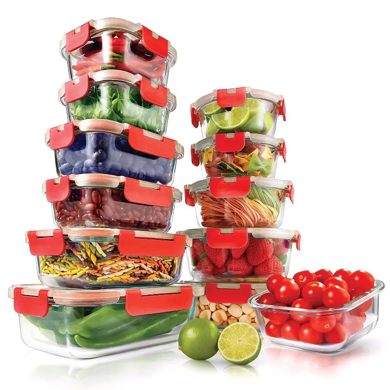 

NutriChef 24 Piece Superior Glass Food Storage Set, Locking Hinge Red Lids