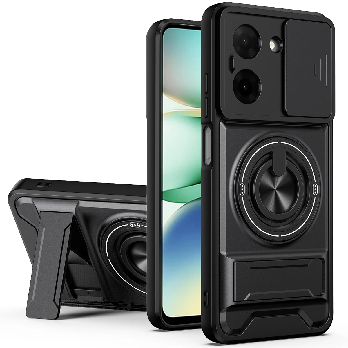 Shockproof Armor Case with Slide Lens Protector and Ring Holder – Dual-Size Phone Cover