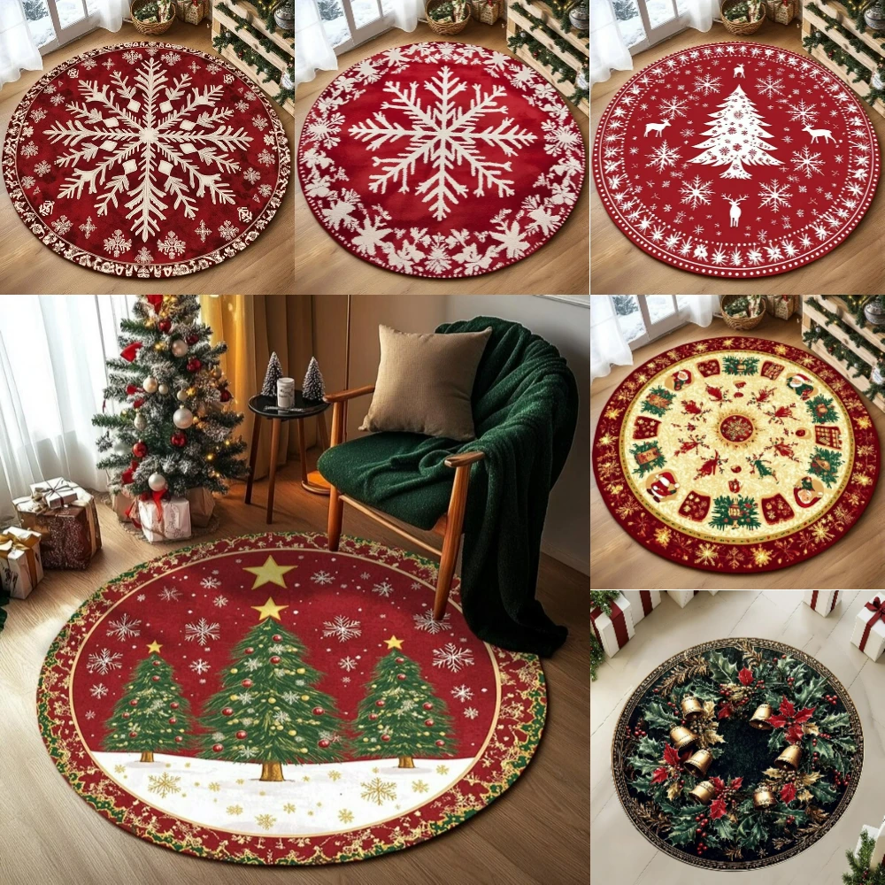 Festive Snowflake Christmas Tree Round Rug Holiday Decor Cozy Living Room Bedroom FloorMat Winter Seasonal Home Gift Bedside Rug_voghion.com