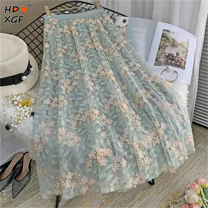 

Summer Embroidered Floral Tulle Skirts For Woman Vintage Elastic High Waist Pleated Long Skirt Korean Designer Skirts Streetwear