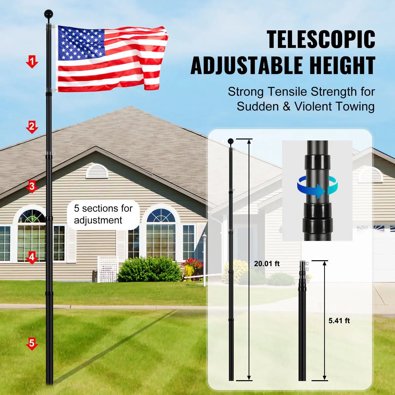 20FT Telescopic Flagpole Kit Heavy Duty Aluminum Flag Pole American Black