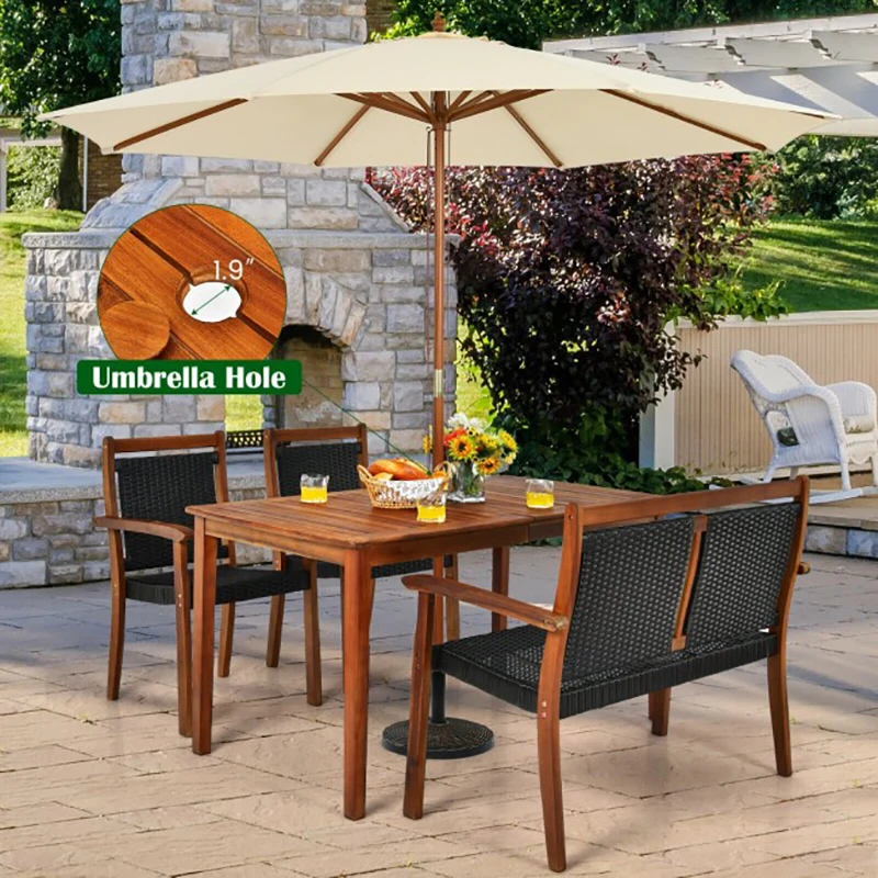 

4 Pieces Patio Rattan Dining Furniture Set Comfortable Ergonomic Acacia Wood Frame Chair Smooth Round Edge Garden Furniture Set