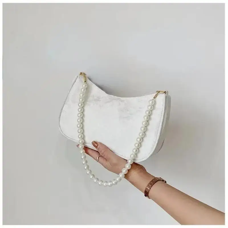 1Pcs Female Storage Travel Bag Shoulder Bags Vintage Women Bag Lace Flower Solid Color Pearl Chain Shoulder Underarm Handbag