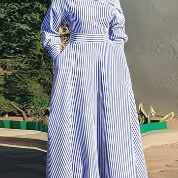 VONDA 2024 Women Elegant Striped Maxi Dress Bohemian Sundress Casual Loose Off Shoulder Long Sleeve Party Vestidos Robe Femme