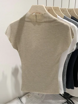 AOSSVIAO 2025 الصيف سليم صالح قاعدة تي شيرت بلون تنوعا الخامس الرقبة قصيرة الأكمام تي شيرت المرأة رداء علوي غير رسمي على الموضة 6