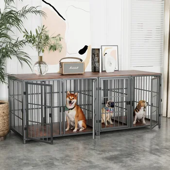 Heavy Duty Dog House End Table Furniture with Four Doors and Lock Latches Divider Wood Metal Pet Kennel Cage Crate 1