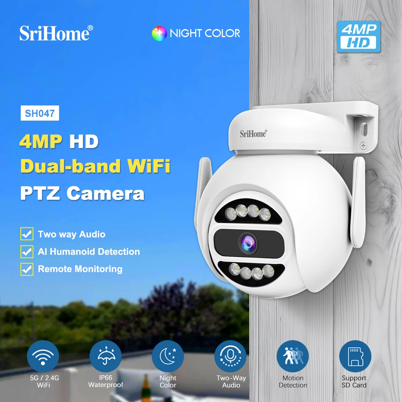 SriHome 4MP Dual-frequency Surveillance Camera Dual Light Sources Full-color Night Vision PTZ IP Camera Security Cam