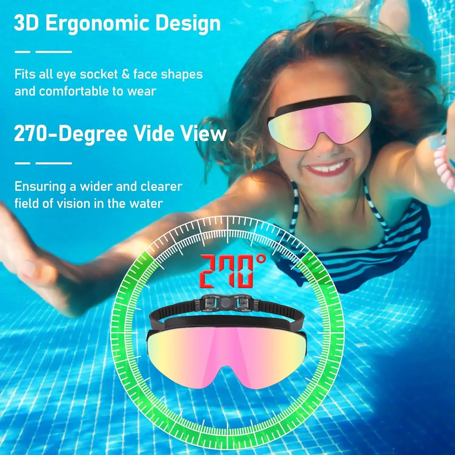 Kids Polarized Swim Goggles for Age 4-16, with antifog Spray,Nose Clip Earplug, Swimming  Wide View Anti-Fog No Leaking Glasses 5