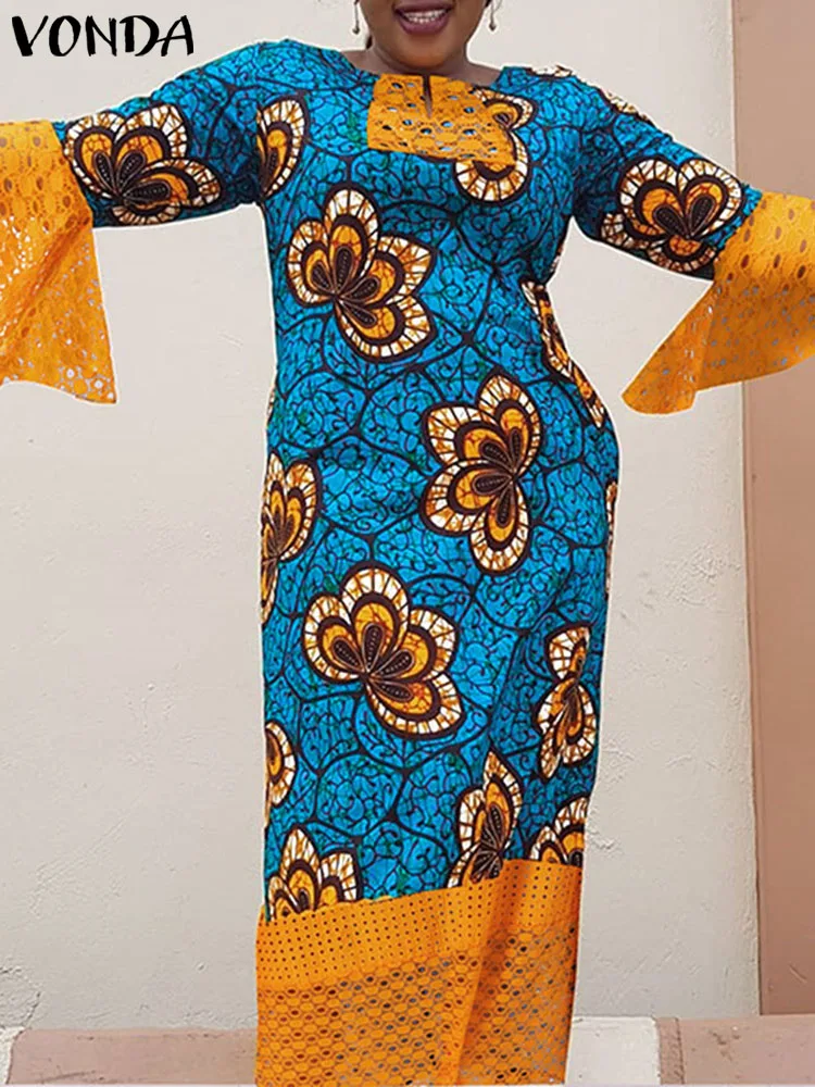 

Bohemian Women Long Dress VONDA 2023 Lace Floral Printed Maxi Sundress Autumn Casual Loose Flare Sleeve Patchwork Beach Robe