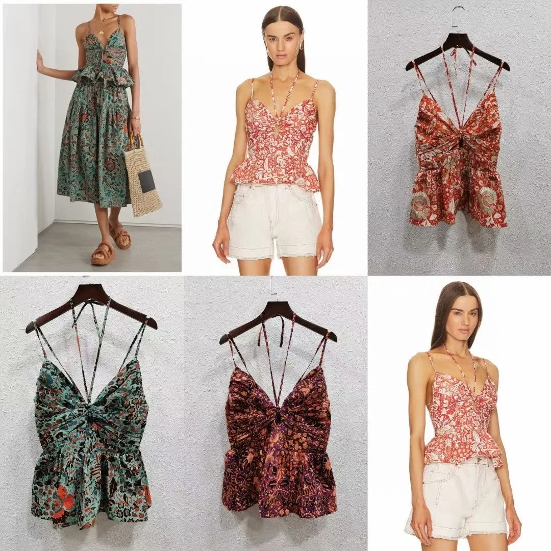 

Women Floral Printed Lace-up Halter Backless Bodycone Umbrella Hem Camis Top