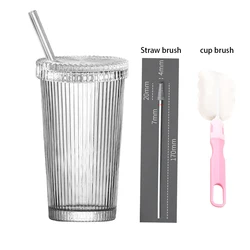 Elegant 375ml Japanese Style Stripe Glass Cup with Lid and Straw - Transparent (B SET)
