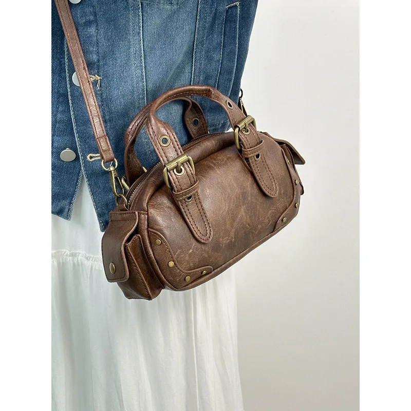 Small Niche Design Retro Hand-Held Motorcycle Bag For Women 2024 New Fashion Trend Bowling Single Shoulder Crossbody Bag