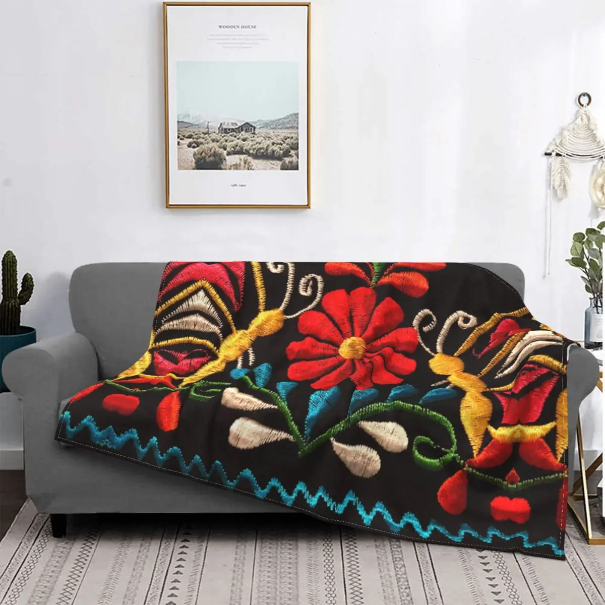 

Mexican Butterflies And A Red Flower Blanket Fleece Soft Flannel Traditional 3D Printed Embroidery Throw Blanket for Couch Home