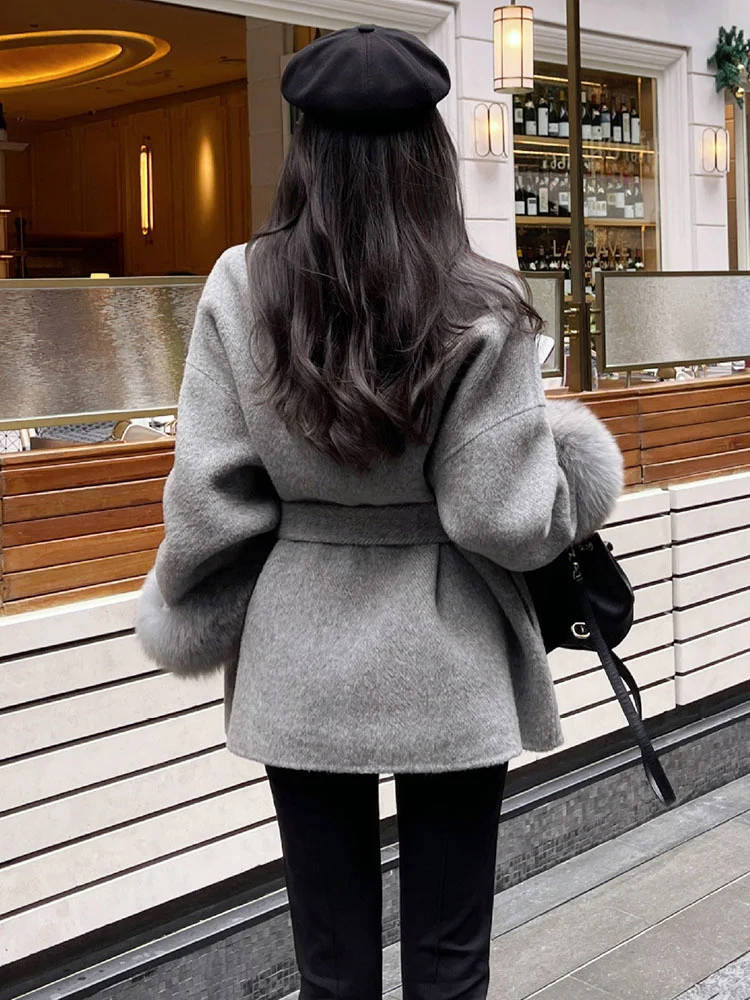 BZVW High End Double-sided Wool Strapping Coat Women's Removable Cuffs Fox Fur Temperament Double-sided Cashmere Short Jacket 3
