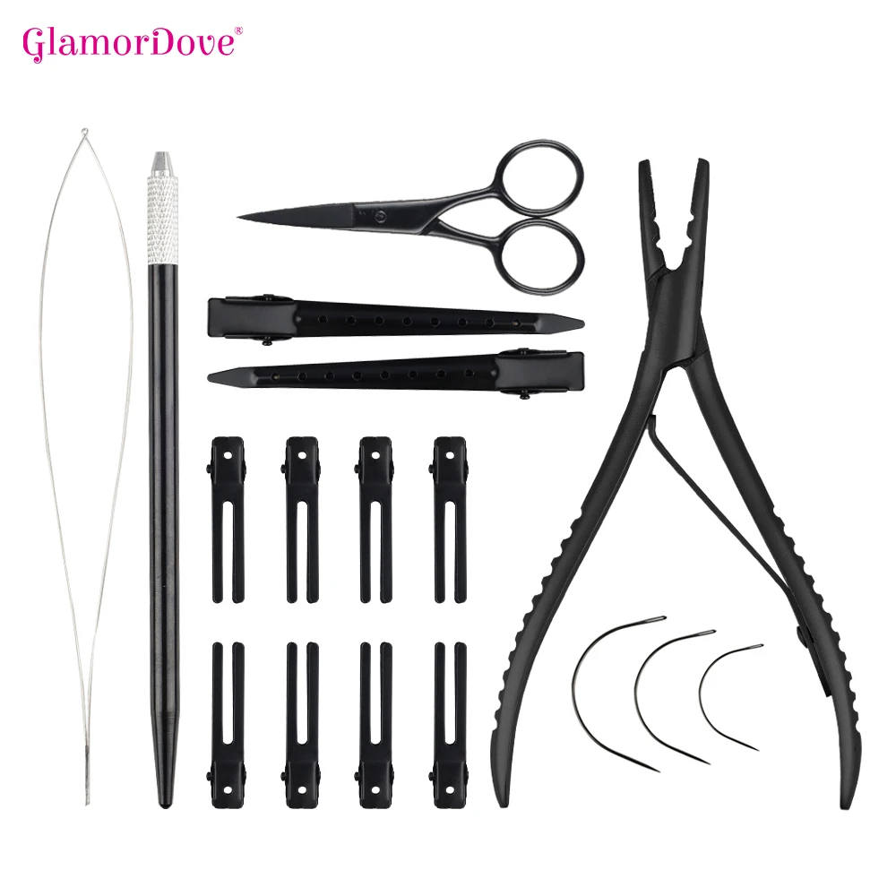 

GlamorDove Hair Extension Pliers With 2 holes Beading Kit with Metal Hair Clips Micro Ring Needle Pulling Hook Hair Threader