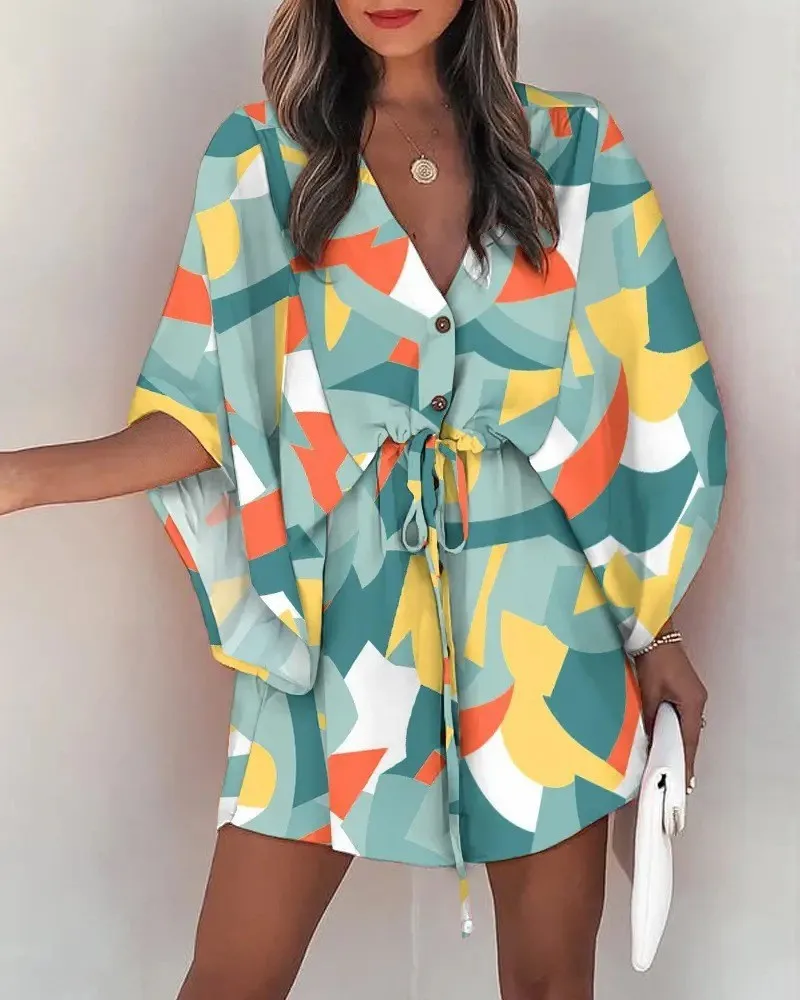 Women Sexy V Neck Mini Dresses Summer Boho Casual Floral Print Batwing Sleeve Dresses Female Ruffle Beach Party Dress Vestidos 2021 summer casual women clothes v neck print short sleeve ruffle floral irregular dress plus size maxi long dresses