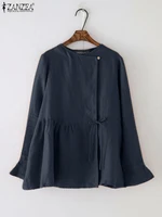 Spring Cotton Shirt 2024 ZANZEA Fashion Solid Lace Up Tops Tunic Casual Work Blusas Mujer Vintage Women Long Flare Sleeve Blouse - Image 2