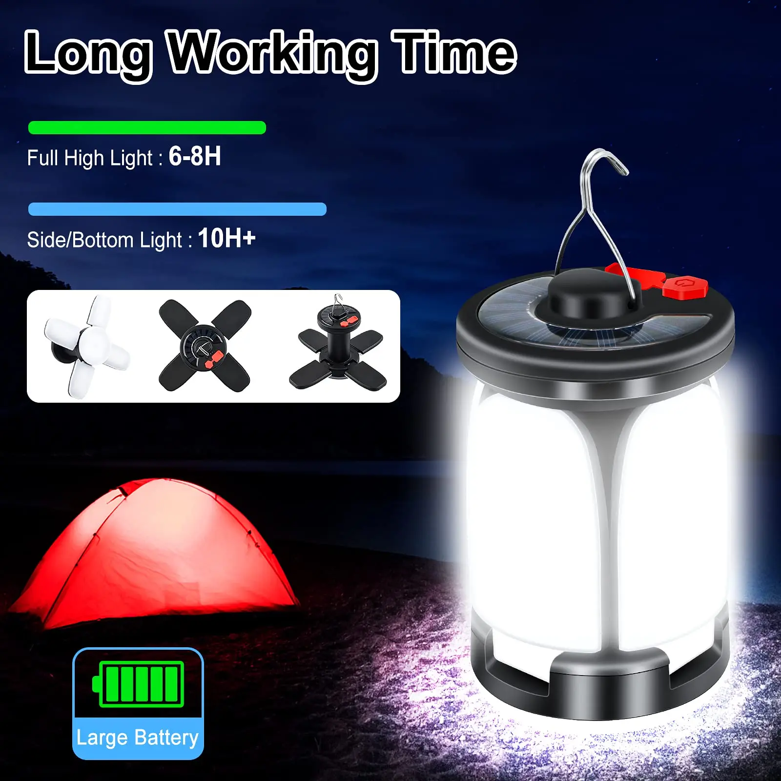 High Power Solar LED Camping Lantern Rechargeable 4500mAh 1000LM Emergency Power Bank Foldable 6 Light Modes for Camping Fishing