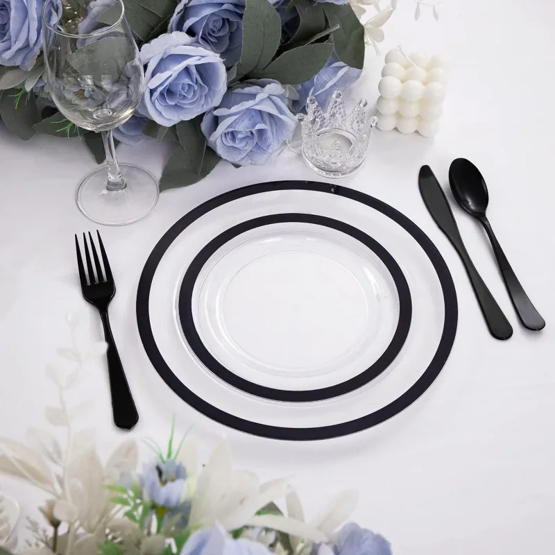 120pcs Clear and Black Plastic Plates Black Plates Disposable Including 60 Dinner 10.25'' & 60 Dessert 7.5'' party tableware disposable food trays