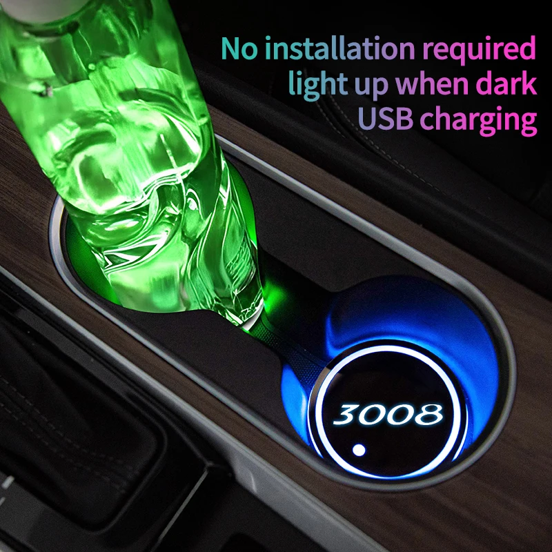 LED 자동차 물컵 매트, 음료 거치대, 푸조 3008 엠블럼, 자동차 인테리어 장식 조명