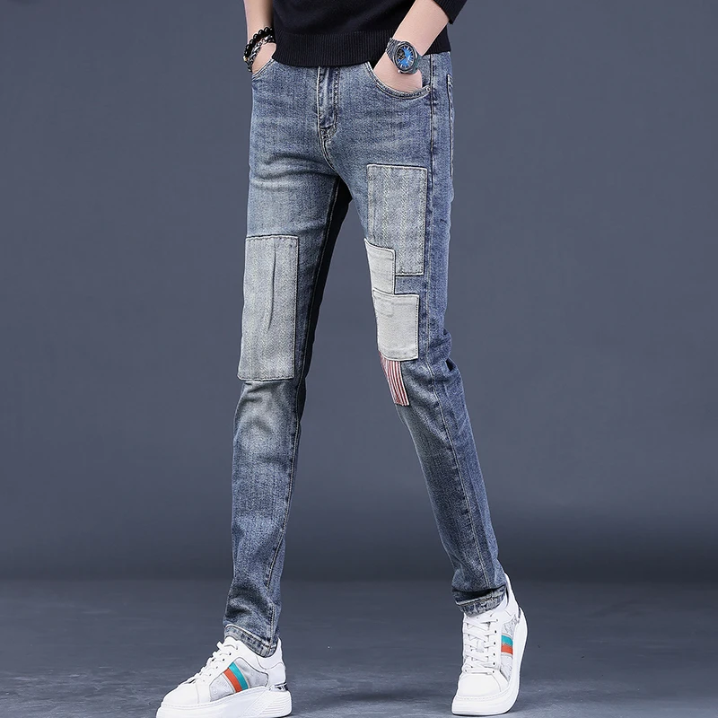 Fashion Striped Patchwork Jeans Men Autumn Casual Blue Slim Fit Straight Leg Denim Pants