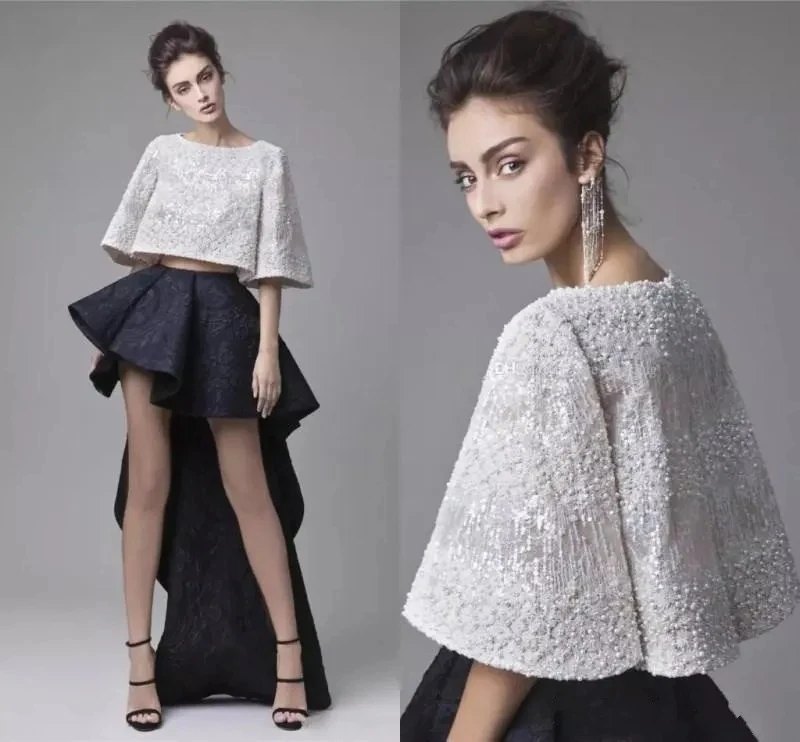 

Fashion Krikor Jabotian Two Pieces Prom Dresses Black White Evening Gowns With Sleeves Short Mini Asymmetrical Skirt High Low Fo