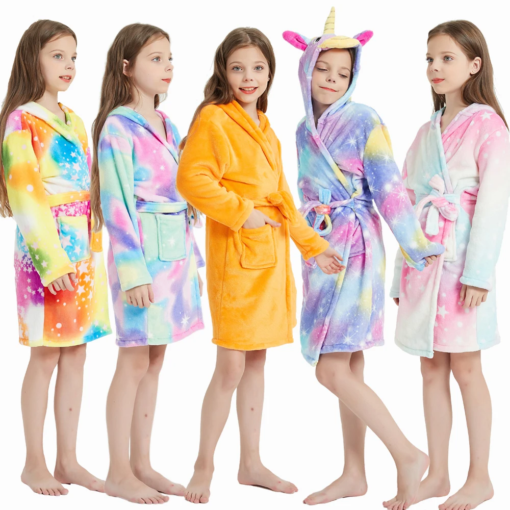 100-150cm Autumn Winter Children's Bathrobe Plush Unicorn Husky Cartoon Flannel Robes Warm Pajama Boys Girls Nighty Clothing flannel pajamas child bathrobe