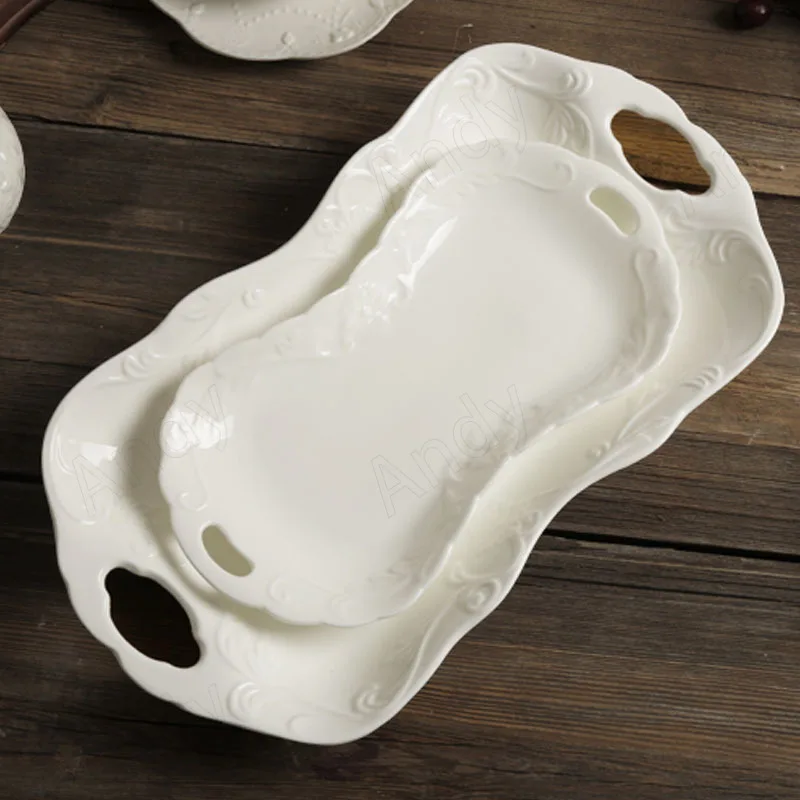 EuropeanCeramicPlatePureWhiteFloralReliefAfternoonTeaCakeTray