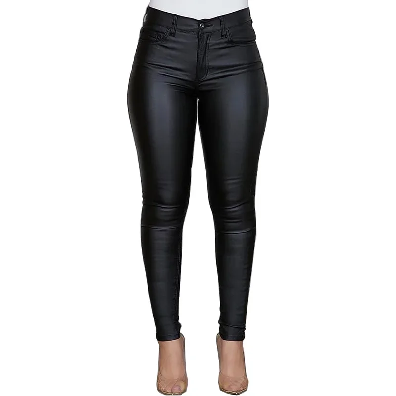 2024 Spliced Women's New jeans Fashion Solid Color PU Leather Pants Sexy Feet Pants Casual Pants women  YBF2-3