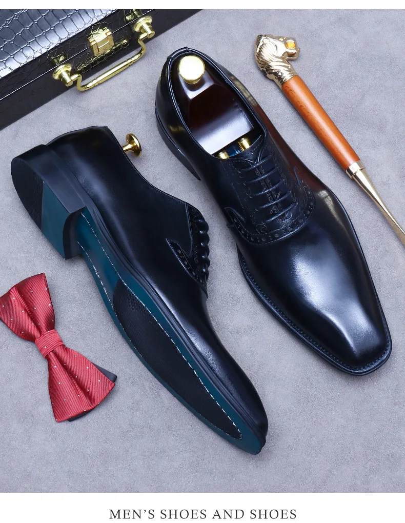 Men's pointy leather shoes, wedding groom, Bullock carved men's shoes, business suit, style Oxford, size 46