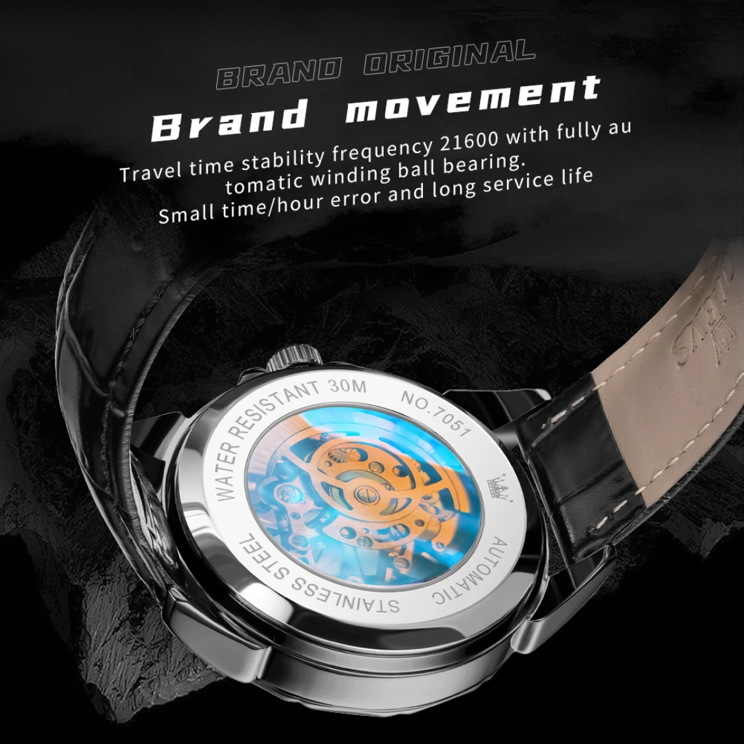 OLEVS 7051 Mechanical Fashion Watch Gift Genuine Leather Watchband Round-dial Wristwatch Luminous