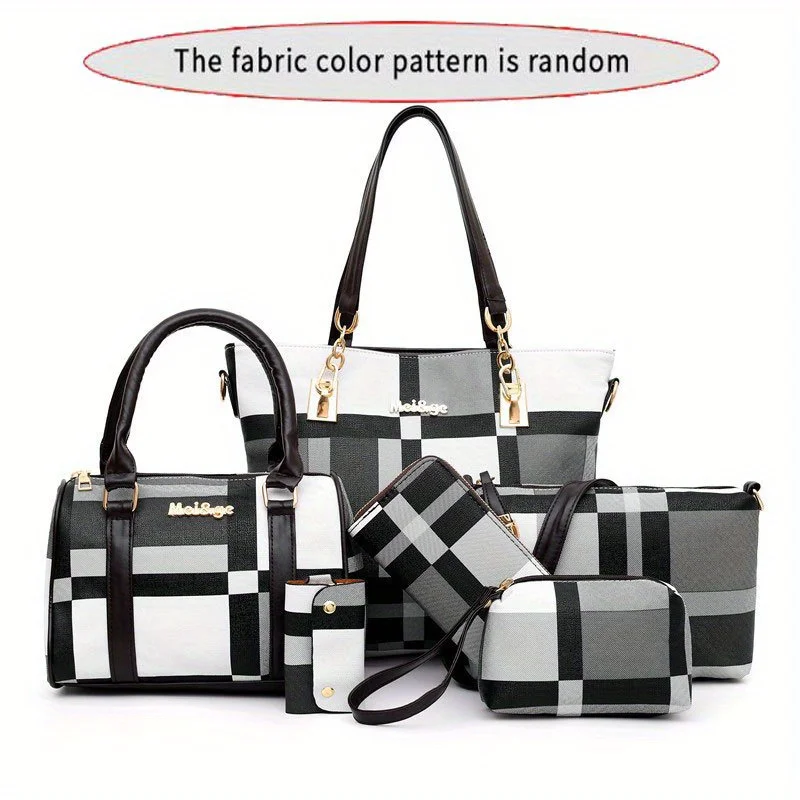 6pcs Women's Bag Sets Large Capacity Handbag Checkered Pattern Shoulder Bag With Simple Handbag Crossbody Bag Clutch Bag