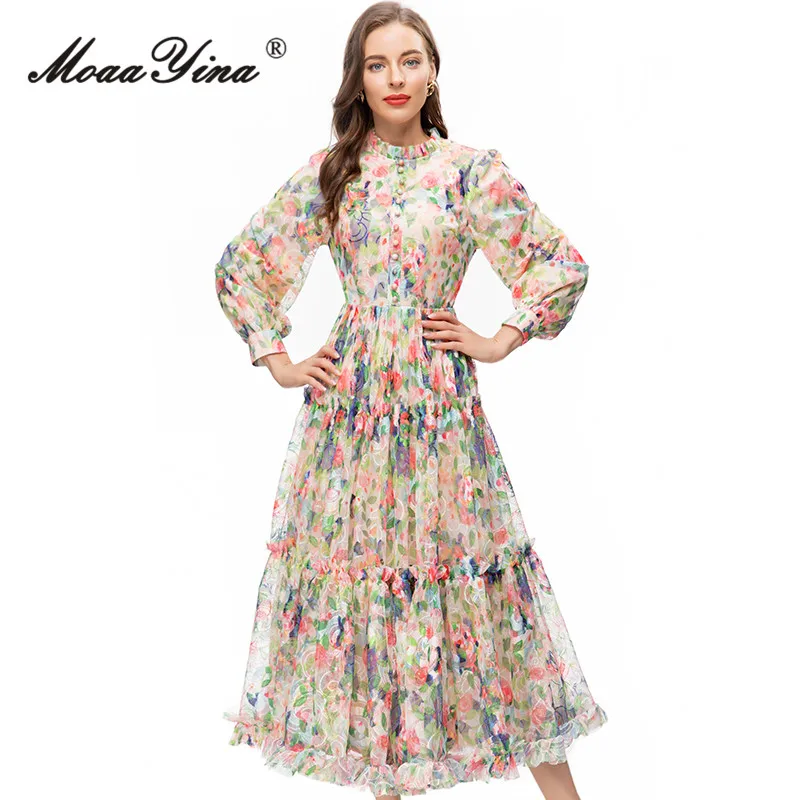 

MoaaYina, летнее модное дизайнерское винтажное Сетчатое платье с принтом, женское длинное платье с круглым вырезом, длинными рукавами и пуговицами, высокой талией и узкими оборками