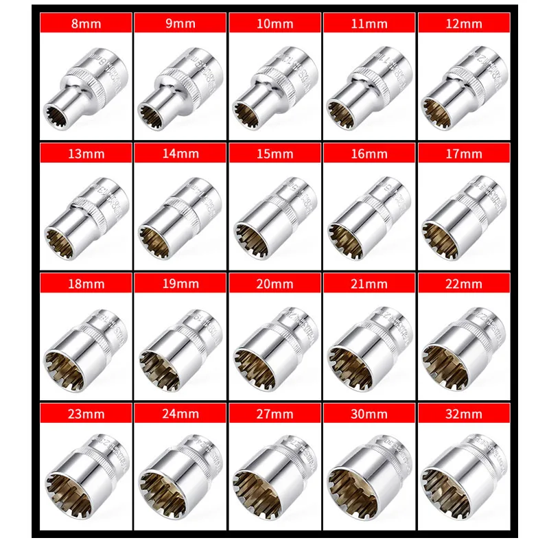 12 Point Teeth Ratchet Socket Head 1/2 inch Drive Universal Socke Set Metric Torx Key Socket for Various Models Nut Removal Tool 5