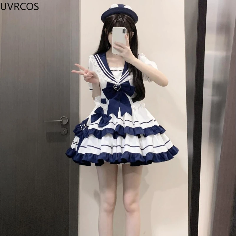 Japanese Kawaii Lolita Style Op Dress Women Sweet Bow Sailor Collar Short Sleeve Dresses Preppy Style Princess Party Mini Dress lolita dress,lolita suspender dress,lolita cosplay costumes