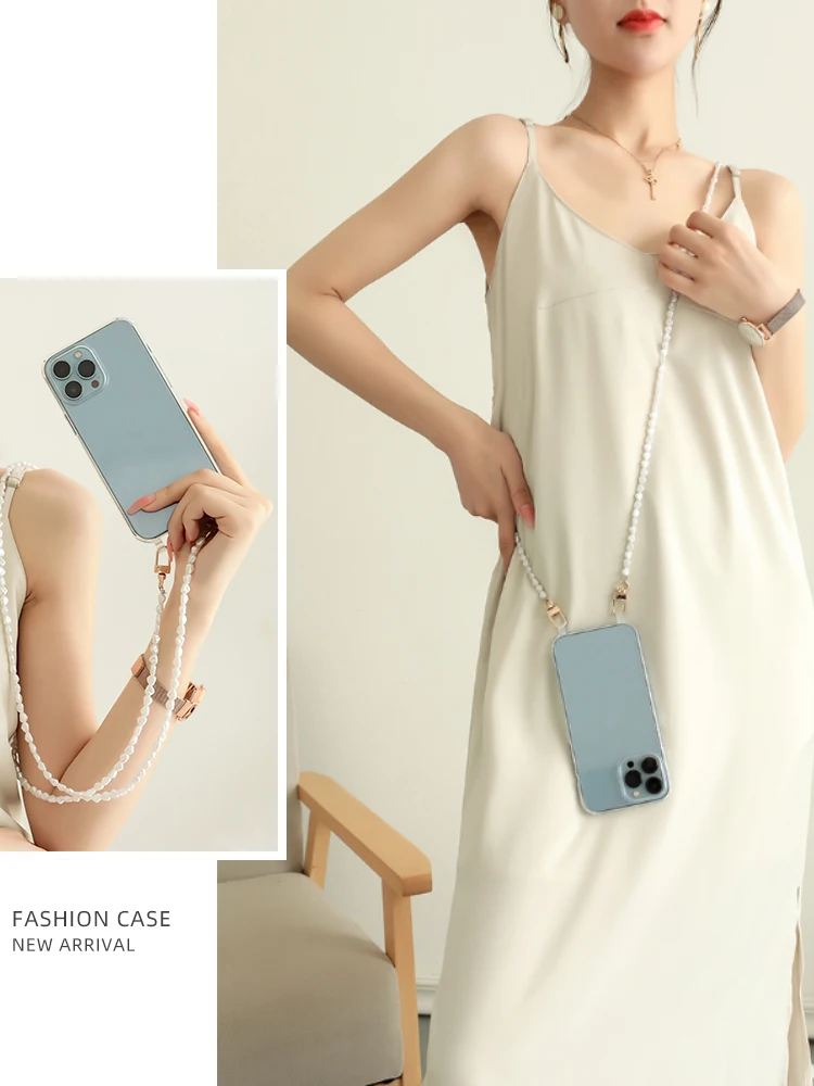 Luxury Acrossbody Pearl Lanyard Necklace Phone Case with Clear Acrylic Cover
