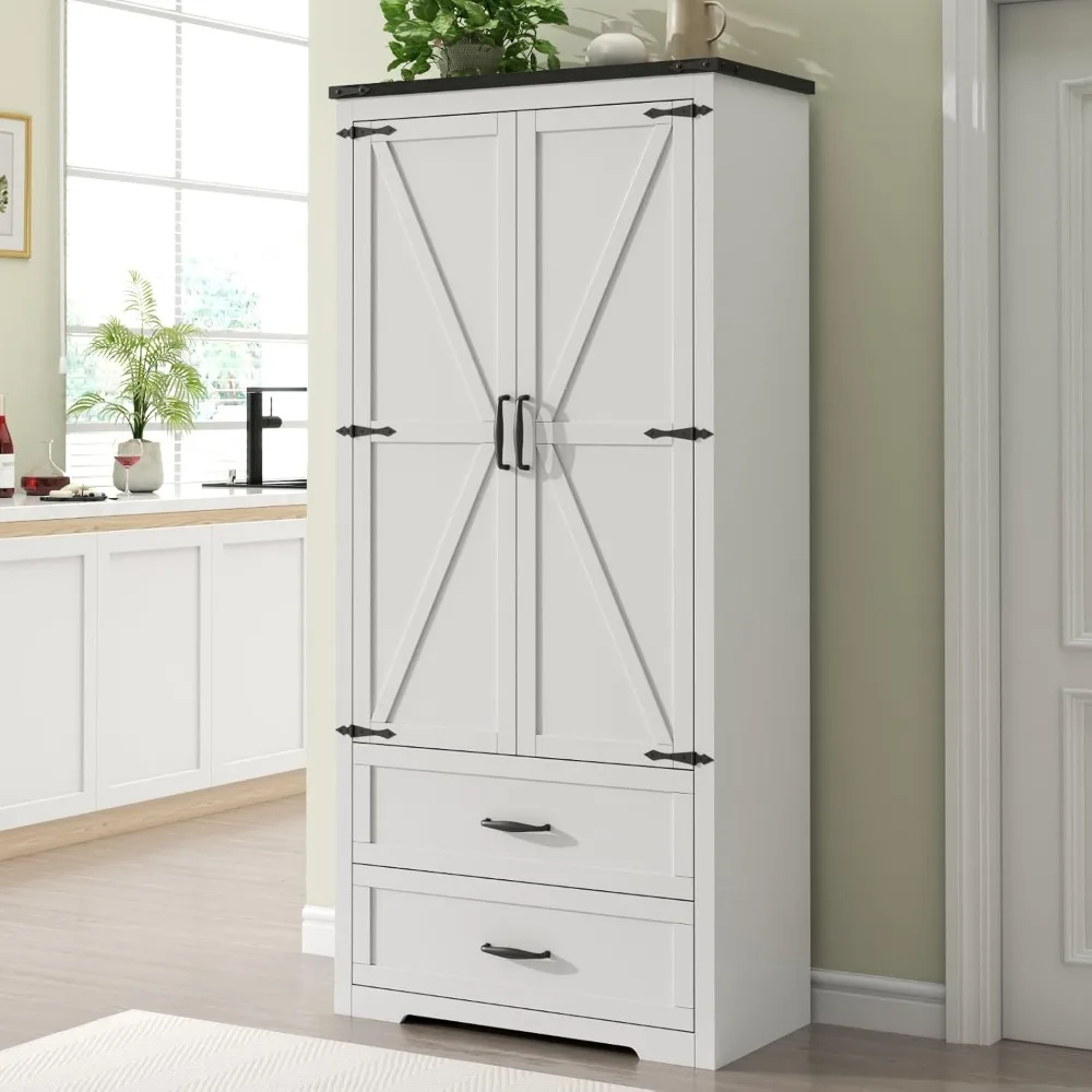 Tall Farmhouse Kitchen Cabinet with Sensor Light, Kitchen Pantry Cabinet with 2 Large Drawers and Adjustable Shelves