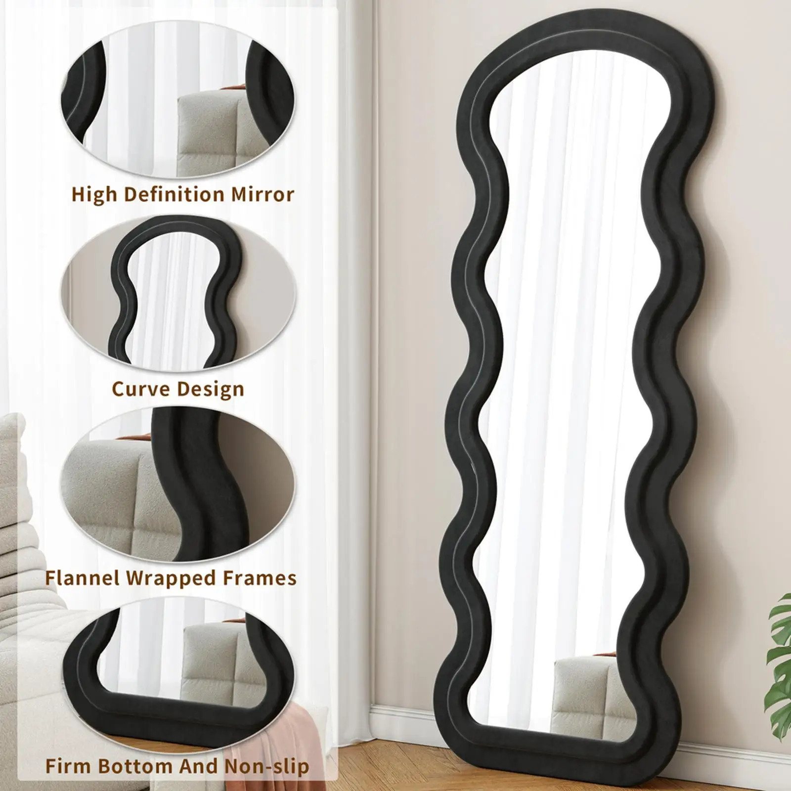 Full Length Mirror with Flannel Padded Wave Frame Large Standing Wall Hanging Mirror for Bedroom and Living Room