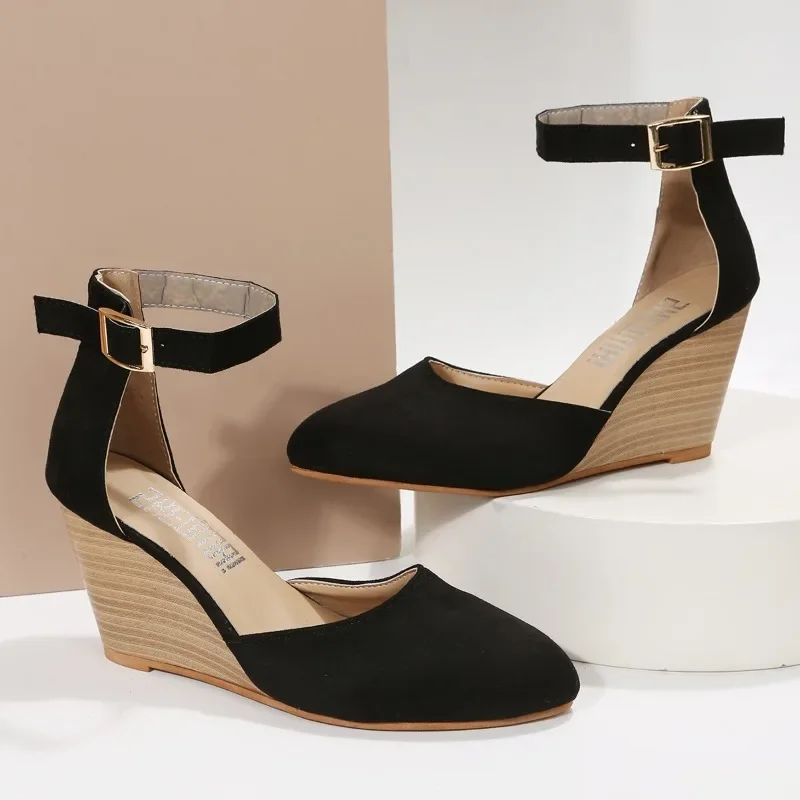 Fashionable pointed toe wedge thick soled buckle women's sandals with straight buckle solid color suede toe cap women's shoes