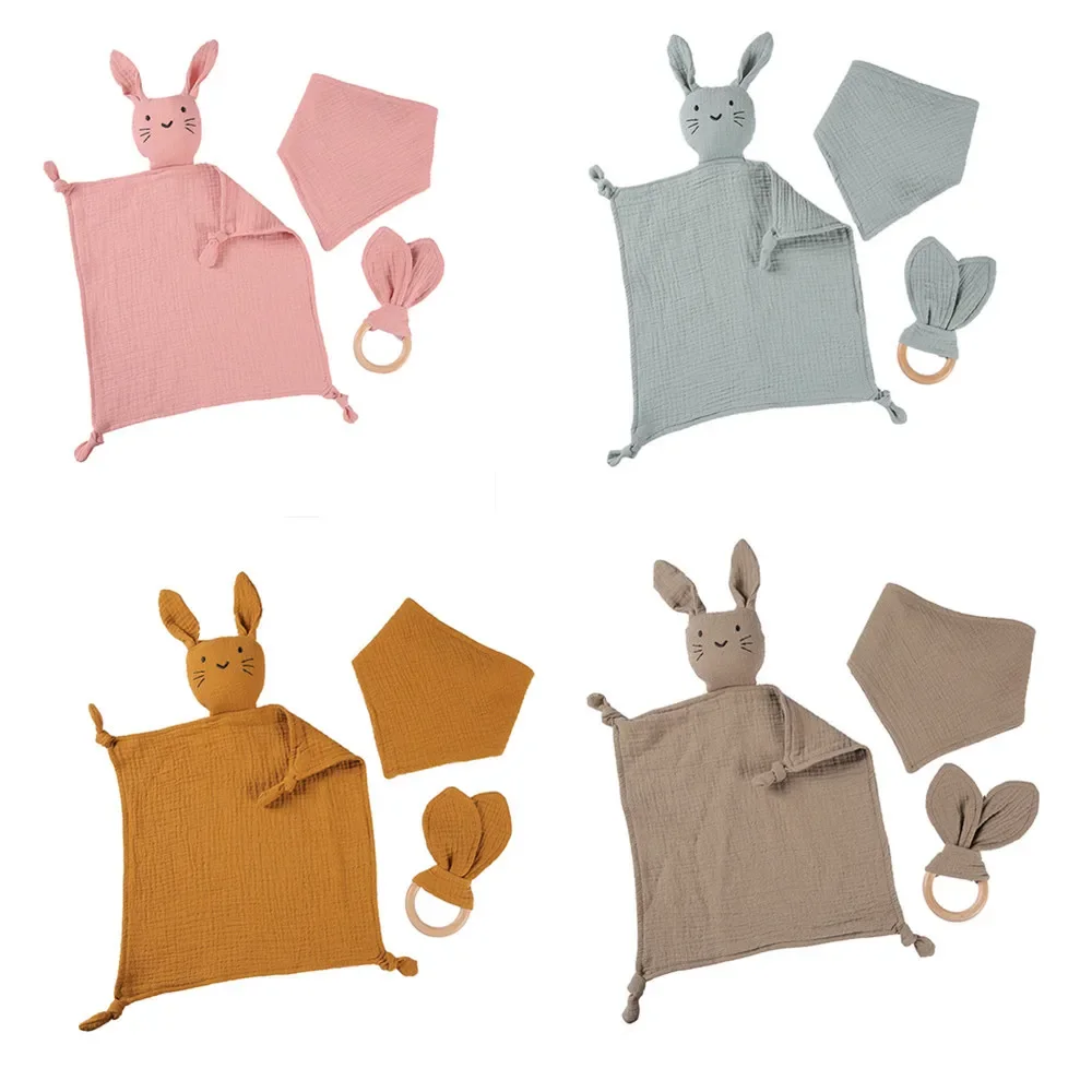 Cotton Towel 1/3 pcs Cotton Muslin Baby Bib Stuffed Rabbit Doll Newborn Appease Towel Security Blanket Baby Sleeping Cuddling Towel Teether