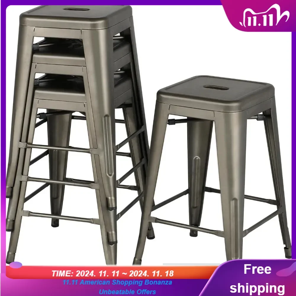 24'' Metal Bar Stools Counter Height Barstools Set of 4 High Backless Industrial Stackable Metal Chairs for Indoor